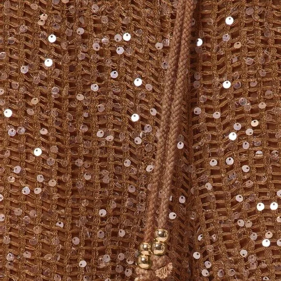 Rust Brown Women's ResortDrawstring Waist Sequin Relaxed Wide Leg pants